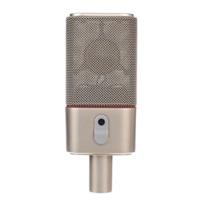 Microfone condensador dourado com malha metálica e botão cinza