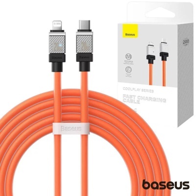 Cabo de carregamento rápido Baseus laranja com conectores USB-C e Lightning e embalagem