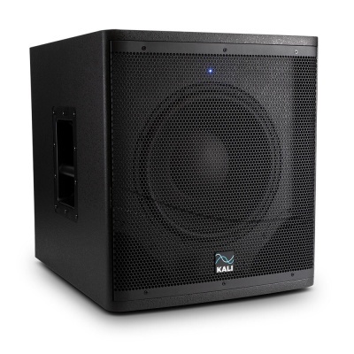 Subwoofer preto da marca KALI com grelha metálica e luz azul