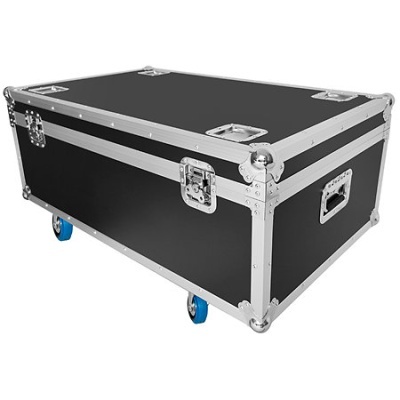 Mala rígida preta com estrutura metálica e rodas azuis