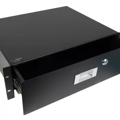 Gaveta de metal preta para equipamento com visor transparente e botão prateado