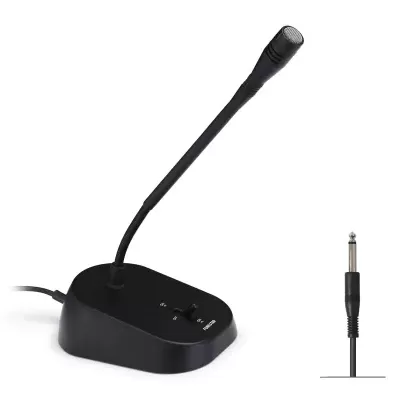 Microfone de mesa preto com base e cabo com ficha jack