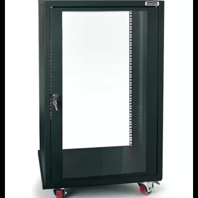 Armário metálico preto com porta de vidro e rodas vermelhas