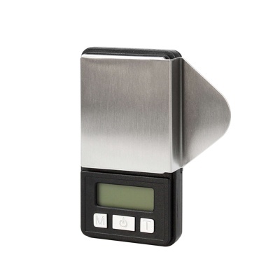 Balança digital de bolso em metal prateado e base preta com ecrã LCD