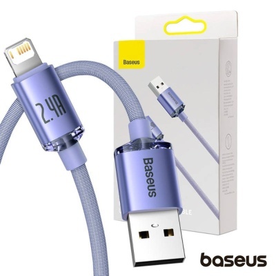 Cabo de carregamento Baseus lilás com conectores USB e Lightning e embalagem branca