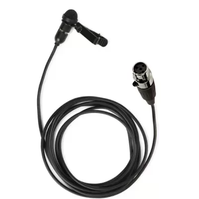 Microfone de lapela negro com cabo e conector XLR