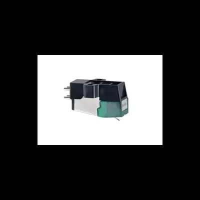 Cartucho para tocadiscos preto e prateado com parte verde translúcida