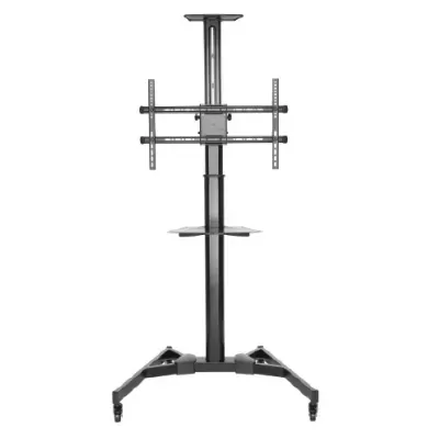 Suporte móvel para televisão preto com rodas e prateleira de vidro