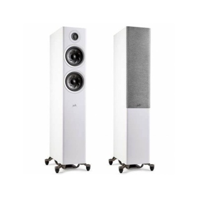 Colunas de som brancas com altifalantes e proteção de tecido