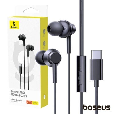 Auriculares com cabo USB tipo C preto da marca baseus com embalagem branca e amarela