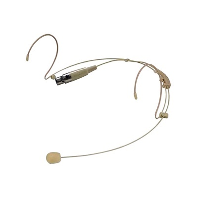 Microfone headset bege com cabo fino e espuma protetora na ponta