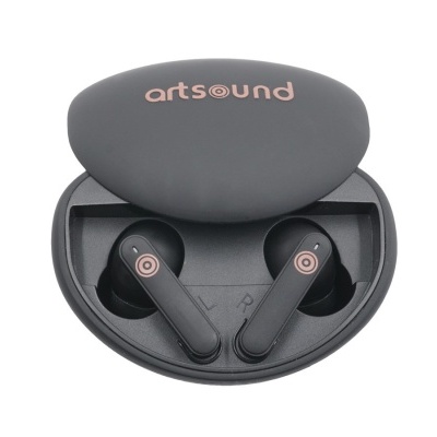 Auscultadores sem fios pretos e cinza com estojo de carregamento cinza escuro artsound.