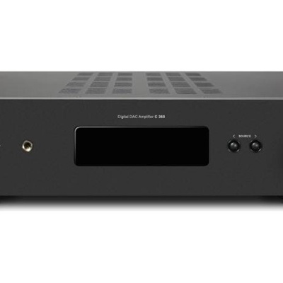 Amplificador digital preto com botões e ecrã central