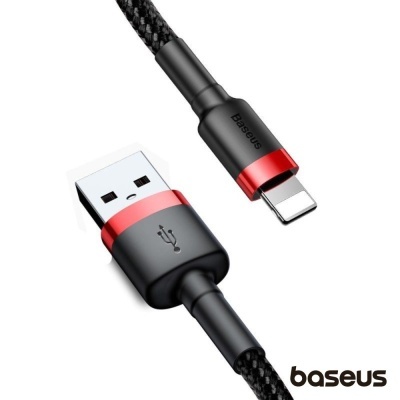 Cabo USB para Lightning preto e vermelho com cabo trançado da Baseus