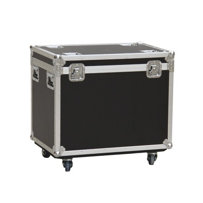 Caixa de transporte preta com estrutura metálica e rodas