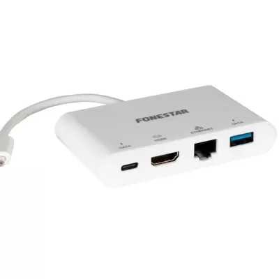Hub USB tipo C branco com várias portas de conexão.