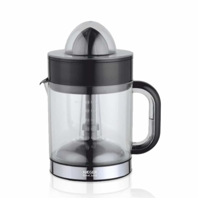 Espremedor de sumos com jarro transparente, tampa preta e base prateada