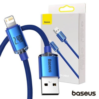 Cabo de carregamento azul Baseus com USB e Lightning e embalagem