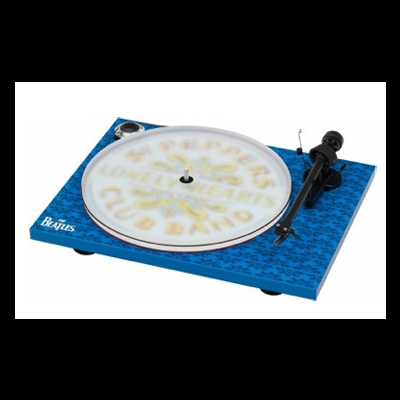 Prato giratório azul dos Beatles com disco branco e agulha preta