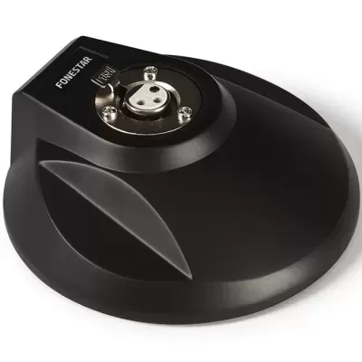 Base preta para microfone com conector circular e etiqueta FONESTAR