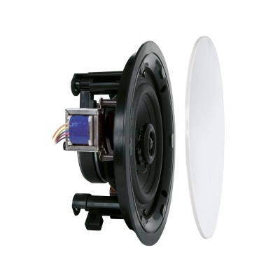 Alto-falante de teto preto com grade branca destacada