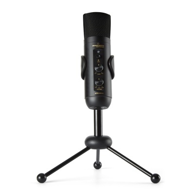 Microfone preto com suporte tripé