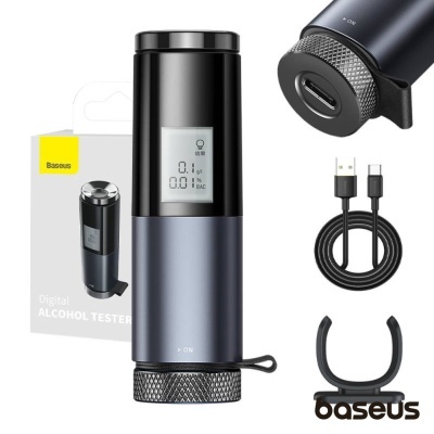 Aparelho digital para teste de álcool Baseus com ecrã, cabo USB e acessório, mostrado com embalagem