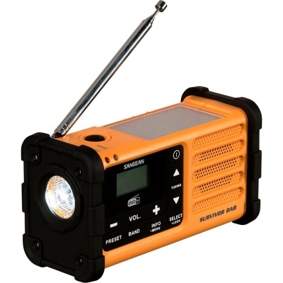 Rádio portátil laranja SANGEAN Survivor DAB com antena e lanterna