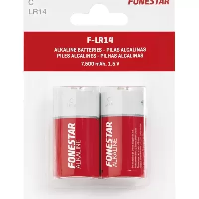 Pack de duas pilhas alcalinas Fonestar tamanho C F-LR14 em embalagem branca e vermelha