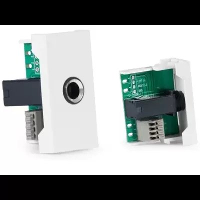 Suporte de parede branco com conector jack de áudio e componentes eletrónicos visíveis