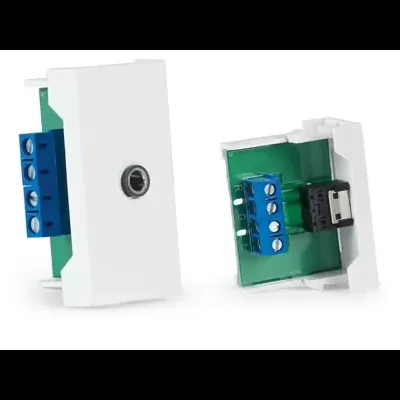 Módulo elétrico branco com terminais de parafuso azuis e conector preto em fundo branco