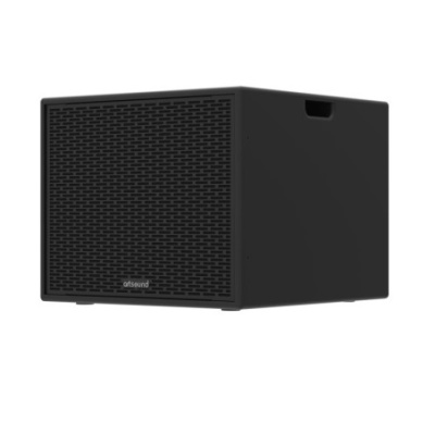 Subwoofer preto com grelha frontal e logo artsound