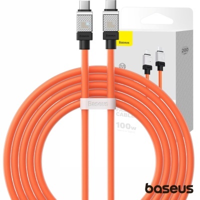 Cabo Baseus laranja com conectores USB-C e embalagem branca e amarela