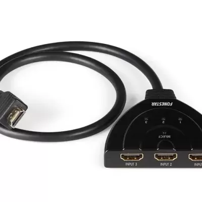 Divisor HDMI preto com três portas numeradas e cabo integrado