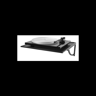 Móvel de parede preto com prateleira de vidro fosco para leitor de vinil