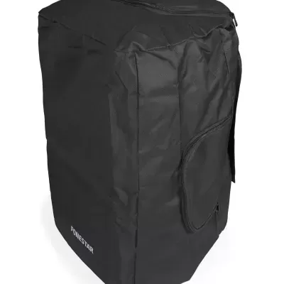 Mochila preta de tecido com fecho e bolso lateral