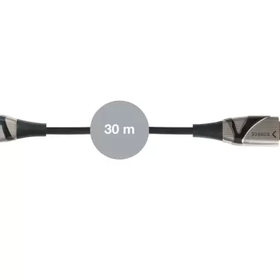 Cabo HDMI preto com conectores prateados e etiqueta cinzenta com texto 30 m