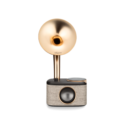 Coluna com campânula dourada e base em tecido cinza