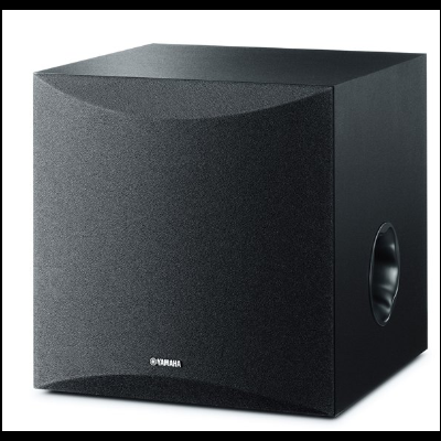 Subwoofer preto amplo da Yamaha com revestimento texturizado e orifício lateral