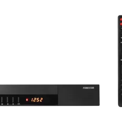 Receptor digital preto Fonestar com visor e comando remoto preto com botões coloridos