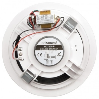 Coluna de teto branca circular com etiqueta central e componentes elétricos visíveis