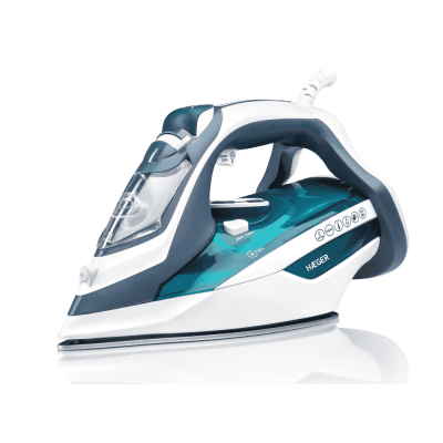 Ferro de engomar azul e branco HAEGER com base metálica