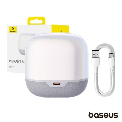 Coluna portátil Baseus Vibrant Sound branco e cinzento com cabo USB e embalagem