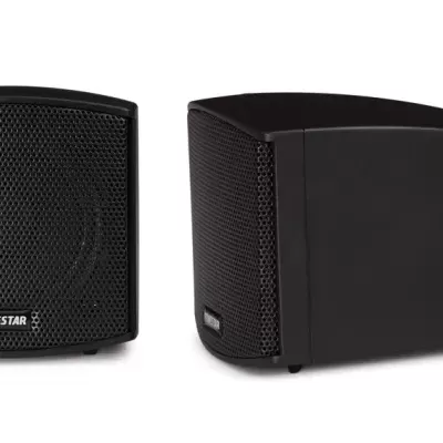 Colunas de som pretas com grelha metálica e marca VONMARS