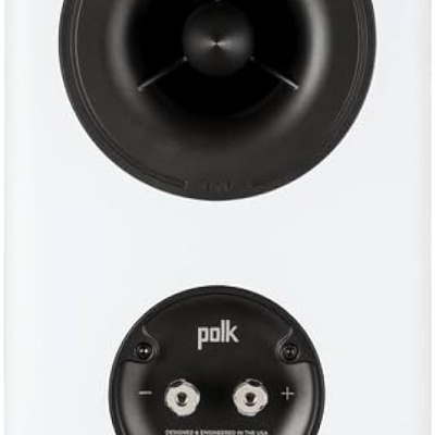 Coluna de som branca com alto-falante preto e painel de conectores