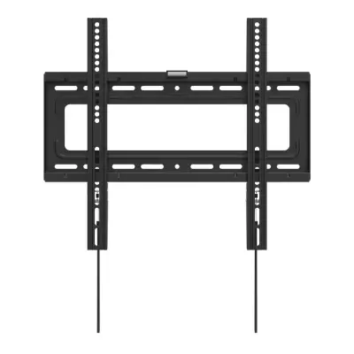 Suporte de parede preto para TV com furações múltiplas e cordas penduradas