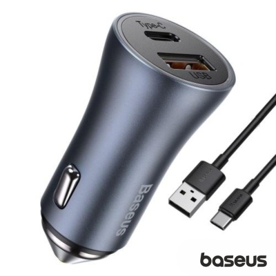 Carregador de carro metálico cinzento da Baseus com portas USB e cabo preto