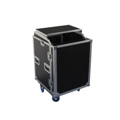 Caixa de transporte preta com alças laterais e rodas azuis