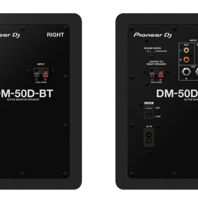 Colunas de monitor de estúdio Pioneer DJ DM-50D-BT pretas vistas de frente e de trás