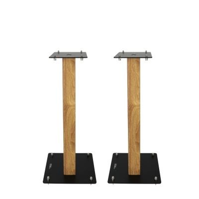 Par de suportes para colunas com base e topo em metal preto e coluna de madeira